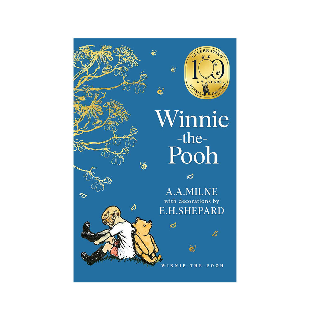 Winnie-the-Pooh book cover with a child and bear illustration on a blue background