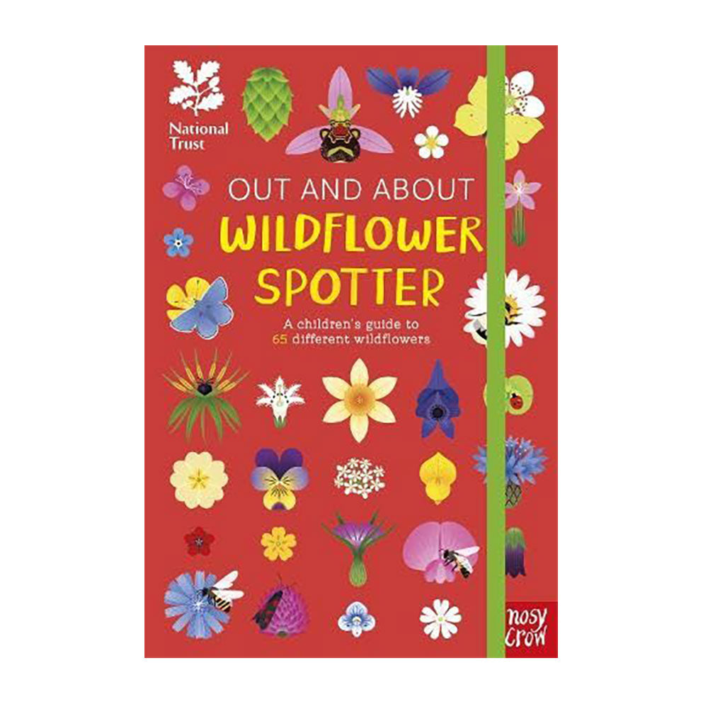 Children's book titled 'Wildflower Spotter' with colorful illustrations of flowers and insects on a red background.