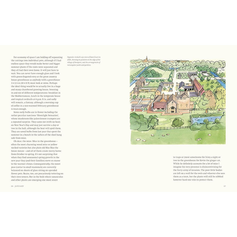 An open book spread showing printed text on both pages and a colorful illustrated map on the right page, photographed against a white background.