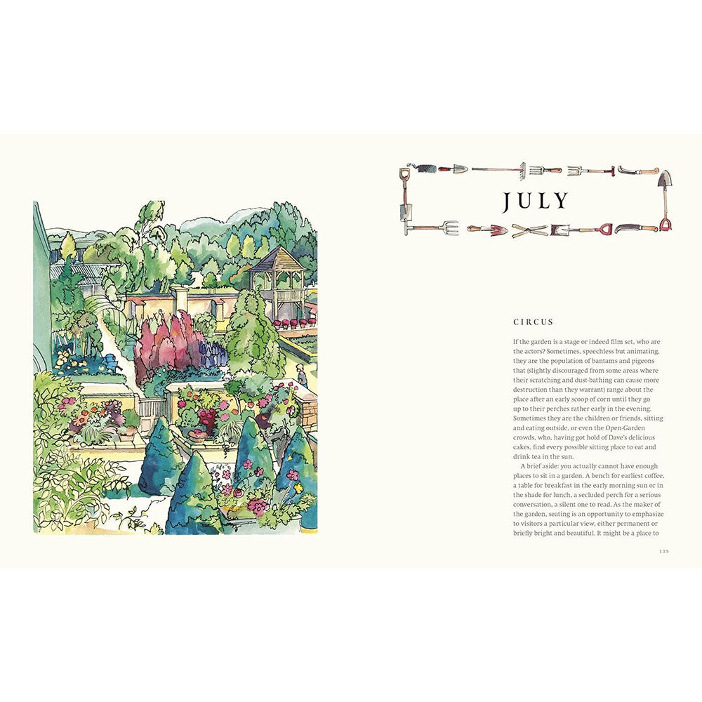 A printed page spread with a watercolor-style garden illustration on the left, a decorative line drawing of tools at the top right, and a short article titled 'JULY' with the subheading 'CIRCUS' on the right, all on an off-white background.