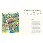A printed page spread with a watercolor-style garden illustration on the left, a decorative line drawing of tools at the top right, and a short article titled 'JULY' with the subheading 'CIRCUS' on the right, all on an off-white background.