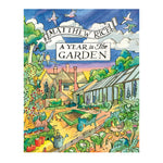 Illustrated book cover for 'A Year in the Garden' by Matthew Rice, featuring a colourful hand-drawn garden scene with greenhouse, house, plants, birds, and a path.