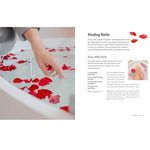 Person in a bathtub with red rose petals and text about healing baths.