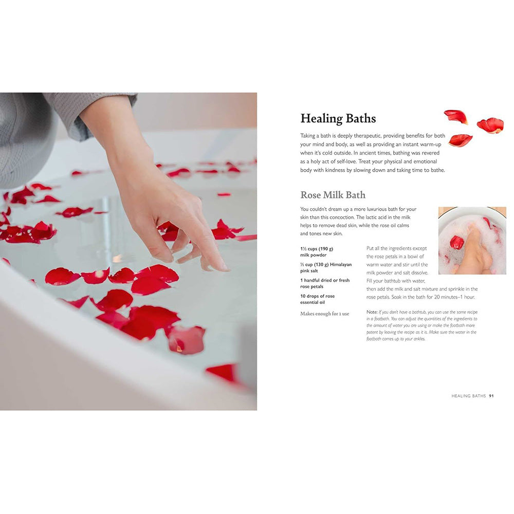 Person in a bathtub with red rose petals and text about healing baths.