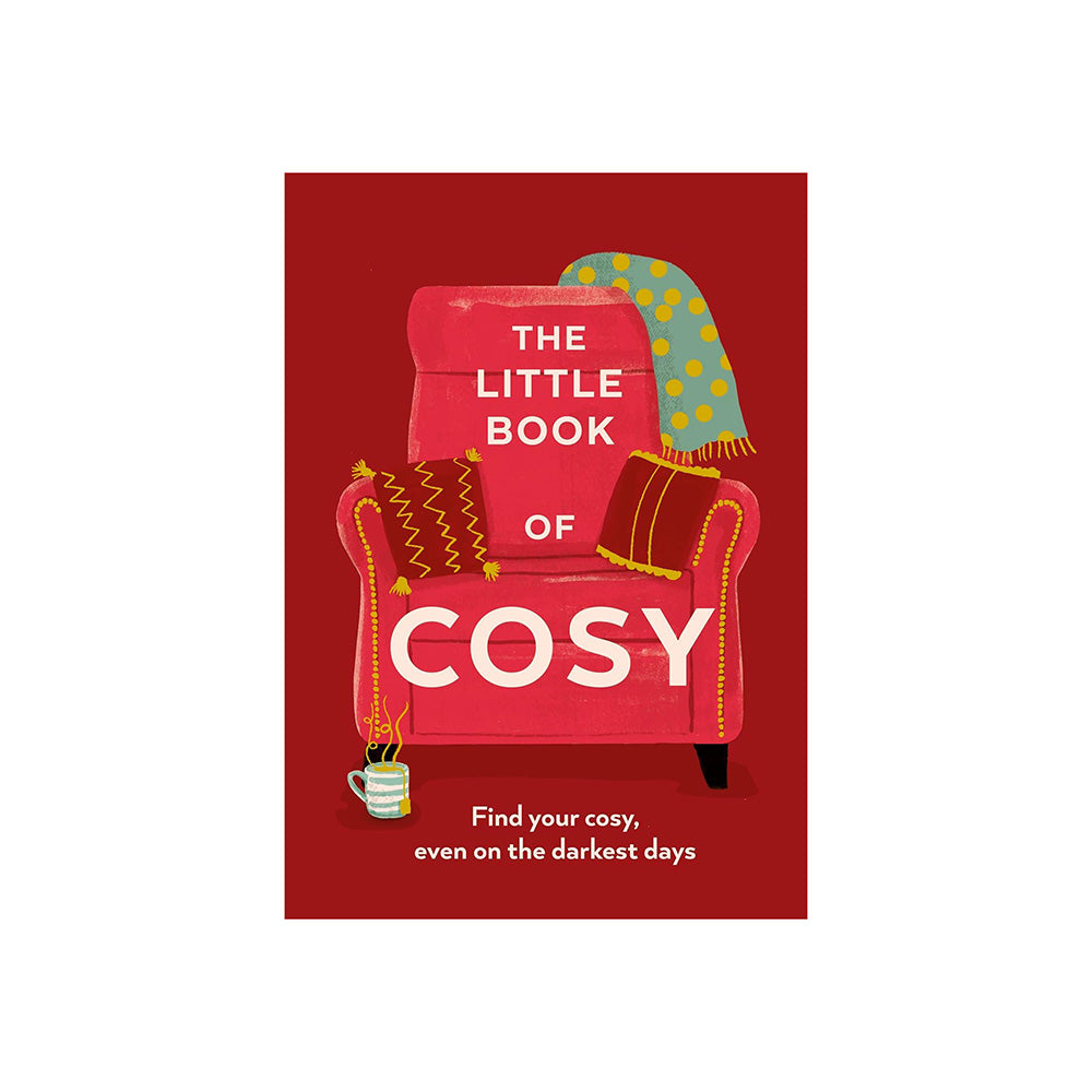 Front cover of the book 'The Little Book of Cosy' featuring a red armchair with white title text, a blue patterned throw, and cozy props on a dark red background.