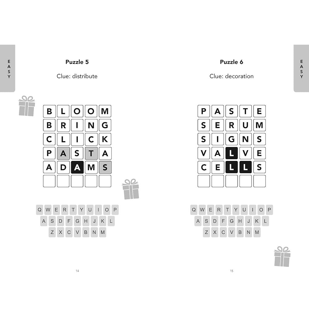 A two-page spread of a crossword puzzle activity sheet, showing 'Puzzle 5' with the clue 'distribute' and 'Puzzle 6' with the clue 'decoration'. Each puzzle features a grid of black-and-white letter tiles, a word bank, and small gift illustrations on a white background.