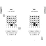A two-page spread of a crossword puzzle activity sheet, showing 'Puzzle 5' with the clue 'distribute' and 'Puzzle 6' with the clue 'decoration'. Each puzzle features a grid of black-and-white letter tiles, a word bank, and small gift illustrations on a white background.