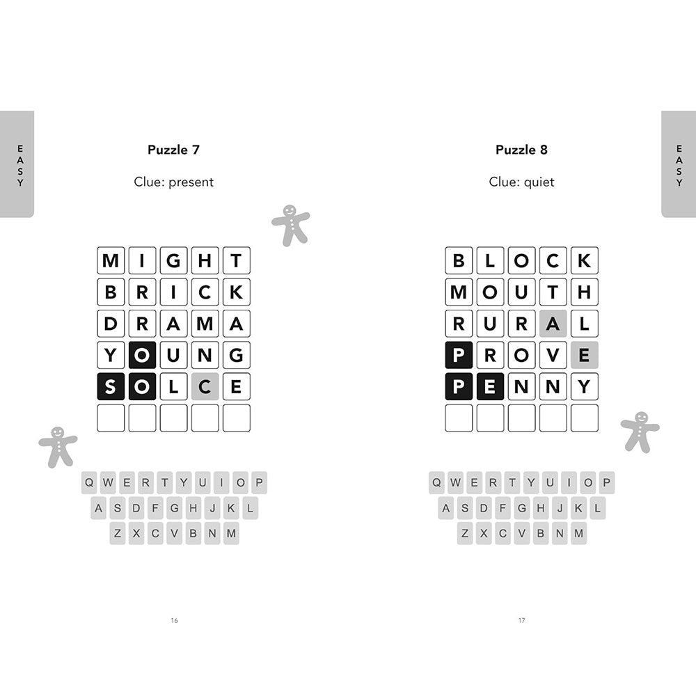 A printed puzzle page showing two word-square puzzles side by side, labeled 'Puzzle 7' and 'Puzzle 8', with clues 'present' and 'quiet' above them. The page is mostly white with black and gray text and letter tiles, plus small gingerbread man illustrations.