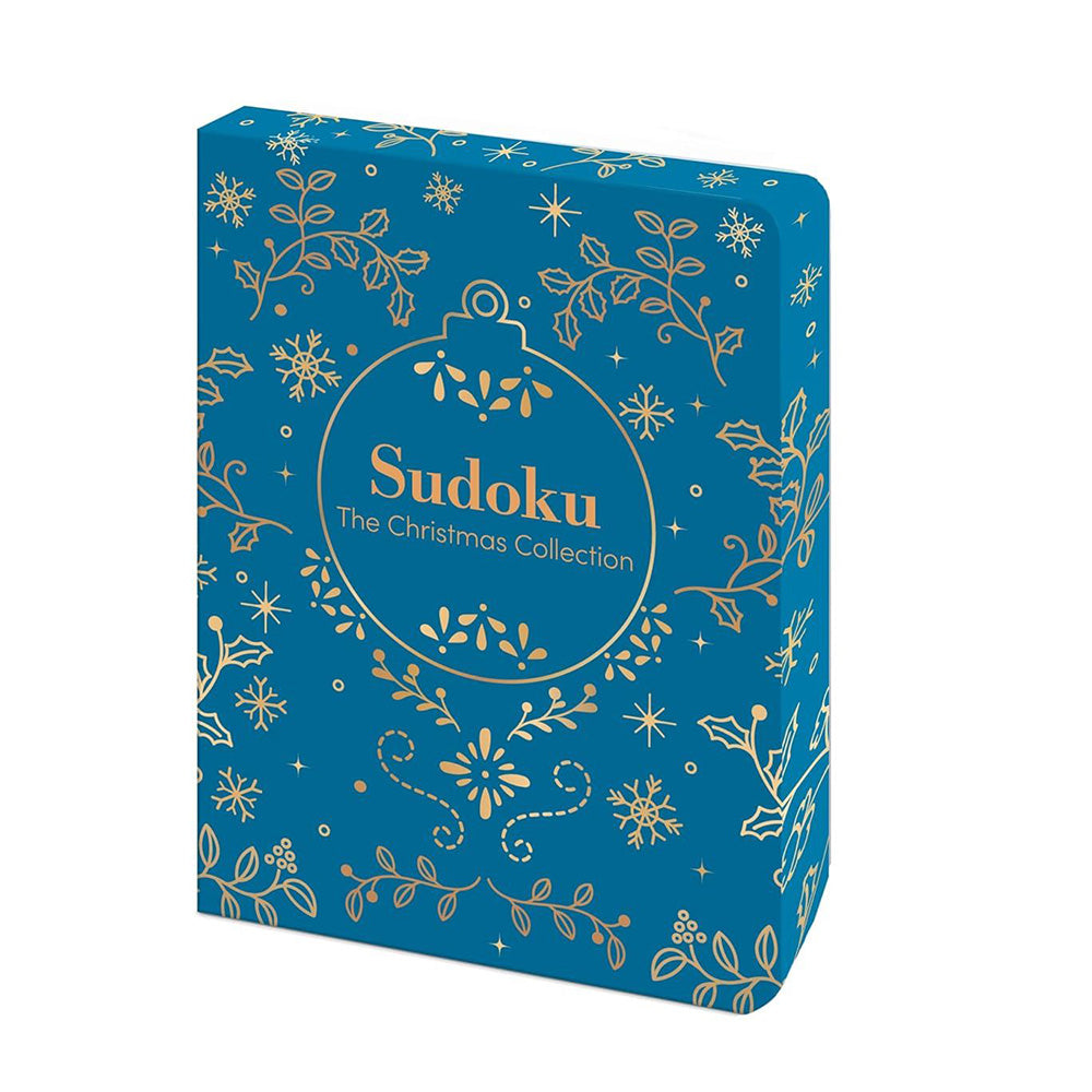 A blue rectangular box with gold holiday illustrations and the text 'Sudoku The Christmas Collection' on the front, shown on a plain white background.