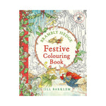 Front cover of the children's book 'Festive Colouring Book' by Jill Barklem from Brambly Hedge, featuring a Christmas-themed illustration with rabbits, a rooster, holly, and a white background.