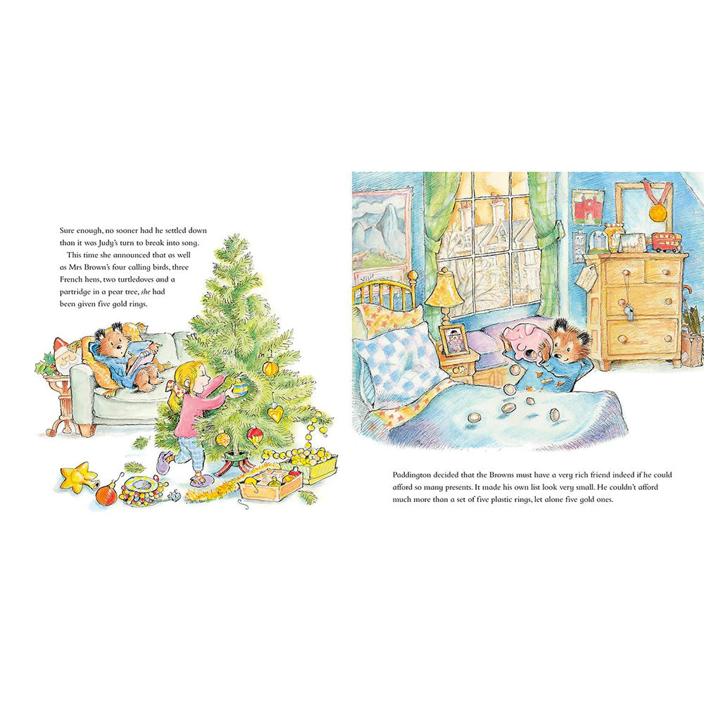 A two-page children's book spread with illustrated scenes and short text. The left page shows a family gathered around a Christmas tree, and the right page shows a bedroom scene with children in bed and toys scattered on the floor.