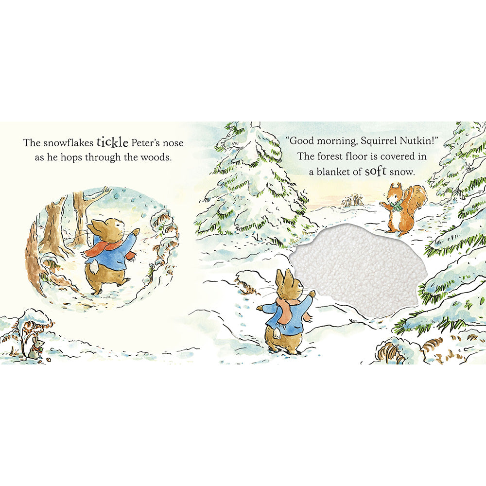 A children's book illustration spread showing a snowy forest scene with illustrated animals and printed text. The page includes a large oval cutout revealing a light gray textured insert underneath, suggesting a book-within-a-book or activity page design.