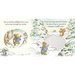 A children's book illustration spread showing a snowy forest scene with illustrated animals and printed text. The page includes a large oval cutout revealing a light gray textured insert underneath, suggesting a book-within-a-book or activity page design.