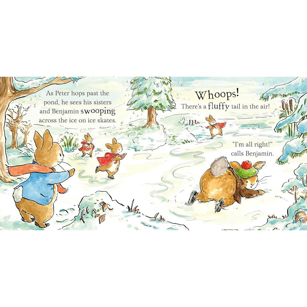 A children's picture book spread showing a snowy winter scene with rabbit characters ice skating and one rabbit slipping in the snow. The page includes printed text and a light gray border around the illustration.