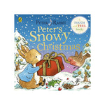 The World of Peter Rabbit: Peter's Snowy Christmas touch and feel book cover, featuring Peter Rabbit in a blue sweater pushing a large red gift box with a robin nearby in a snowy winter scene.