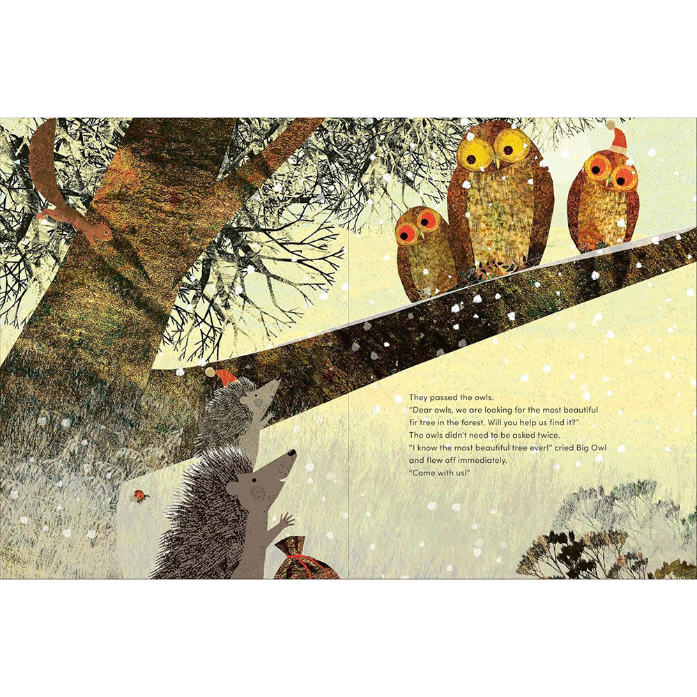 A children's book interior page with an illustrated winter forest scene. A large tree trunk and branches hold three owls with bright orange eyes, while a hedgehog and a small creature look up at the text on the right.