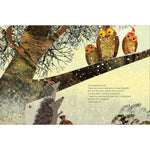 A children's book interior page with an illustrated winter forest scene. A large tree trunk and branches hold three owls with bright orange eyes, while a hedgehog and a small creature look up at the text on the right.