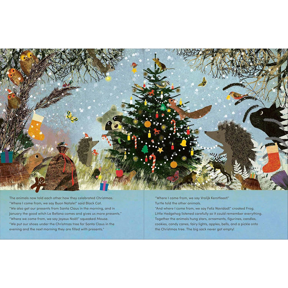 A children's book or art print featuring a snowy winter scene with a decorated Christmas tree, animals, and bilingual text blocks at the bottom. The artwork is illustrated in soft pastel tones with black, white, blue, green, orange, and red accents.
