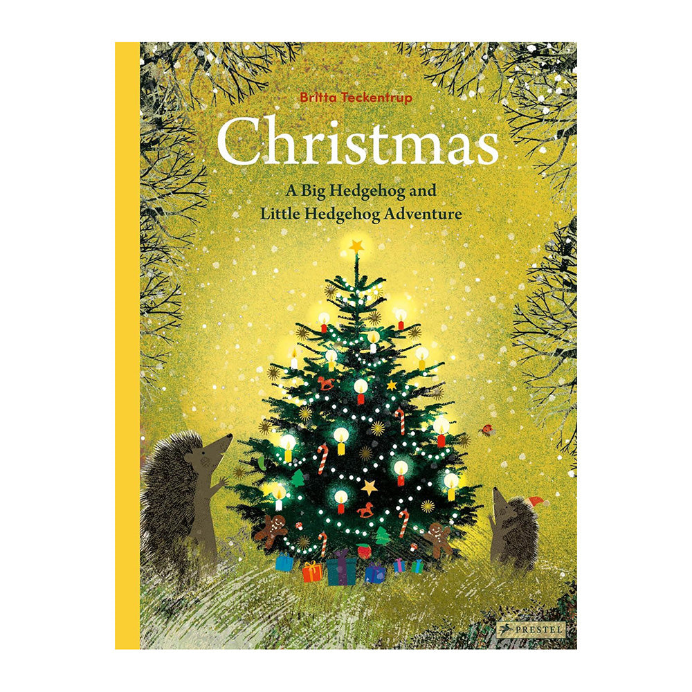 Children's book cover titled "Christmas: A Big Hedgehog and Little Hedgehog Adventure" by Brita Teckentrup, showing a decorated Christmas tree with hedgehogs on a golden background.