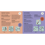 An instructional card game booklet spread showing two game guides, 'PAWMEET MATCH' and 'PUP PATROL', with rules, setup instructions, scoring, and small game play diagrams on a white background.
