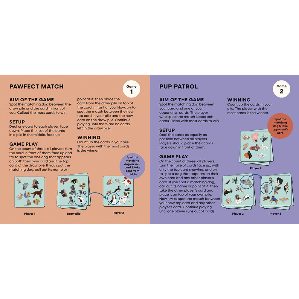 An instructional card game booklet spread showing two game guides, 'PAWMEET MATCH' and 'PUP PATROL', with rules, setup instructions, scoring, and small game play diagrams on a white background.