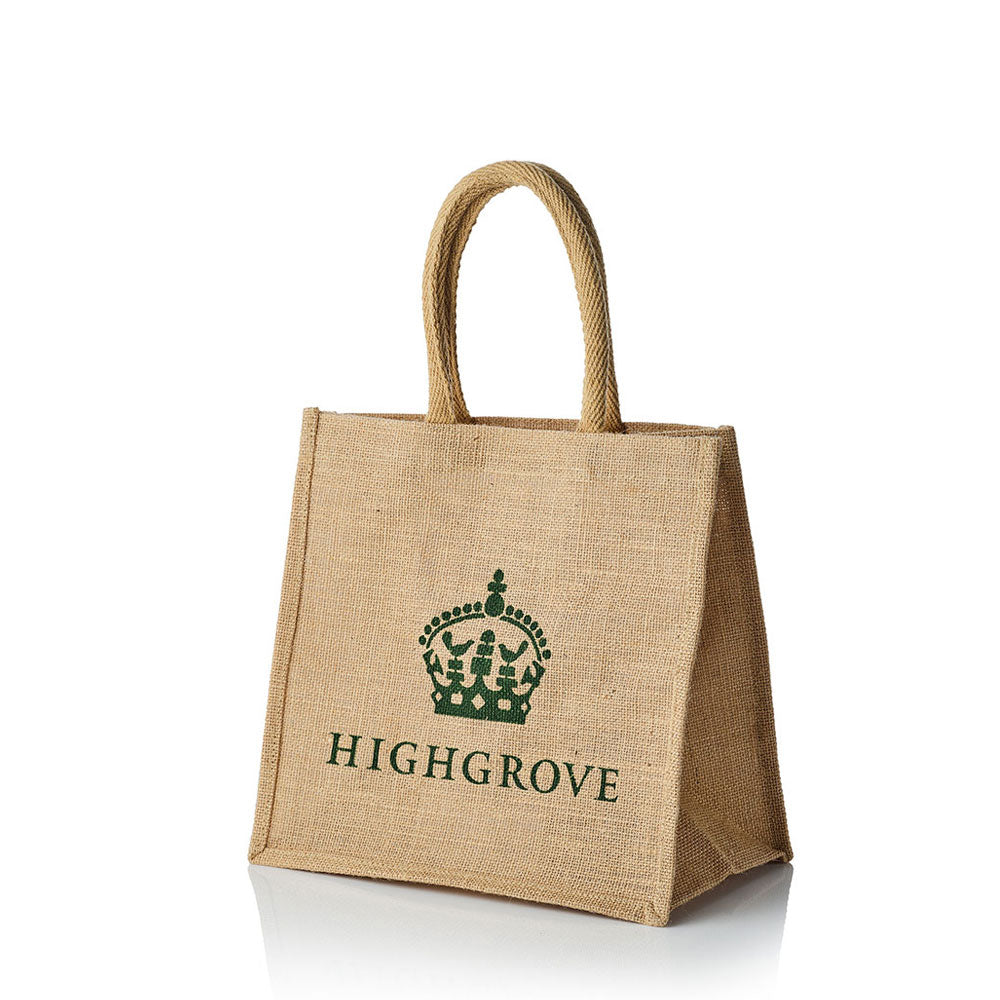 Jute bag with 'HIGHGROVE' branding on a natural background

