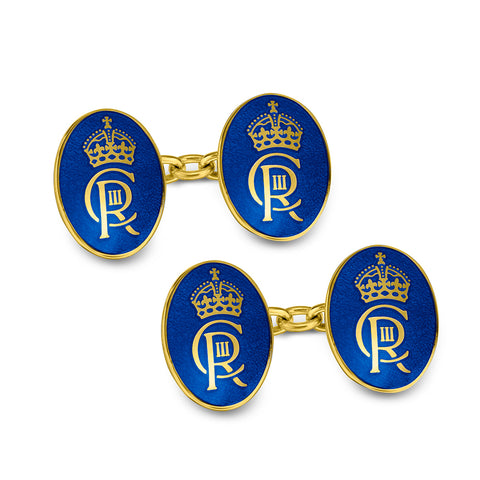 18-Carat Chain Coronation Cufflinks Oval with Blue Enamel