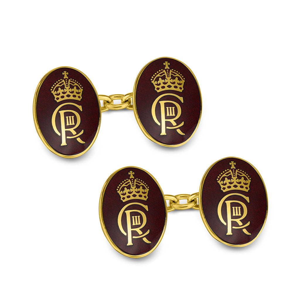 18-Carat Chain Coronation Cufflinks Oval with Red Enamel