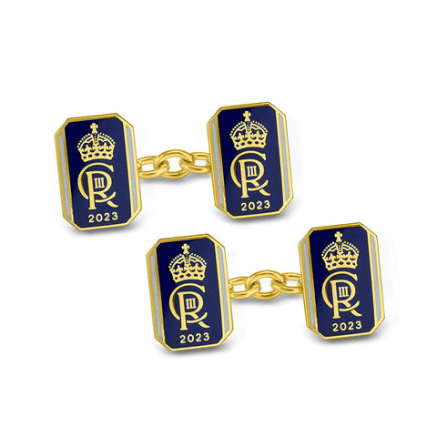 18-Carat Yellow Gold Chain Link Blue and Clear Enamel Coronation Oblong Cufflinks