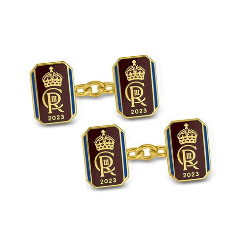 18-Carat Yellow Gold Oblong Chain Link Red and Blue Enamel Coronation Cufflinks