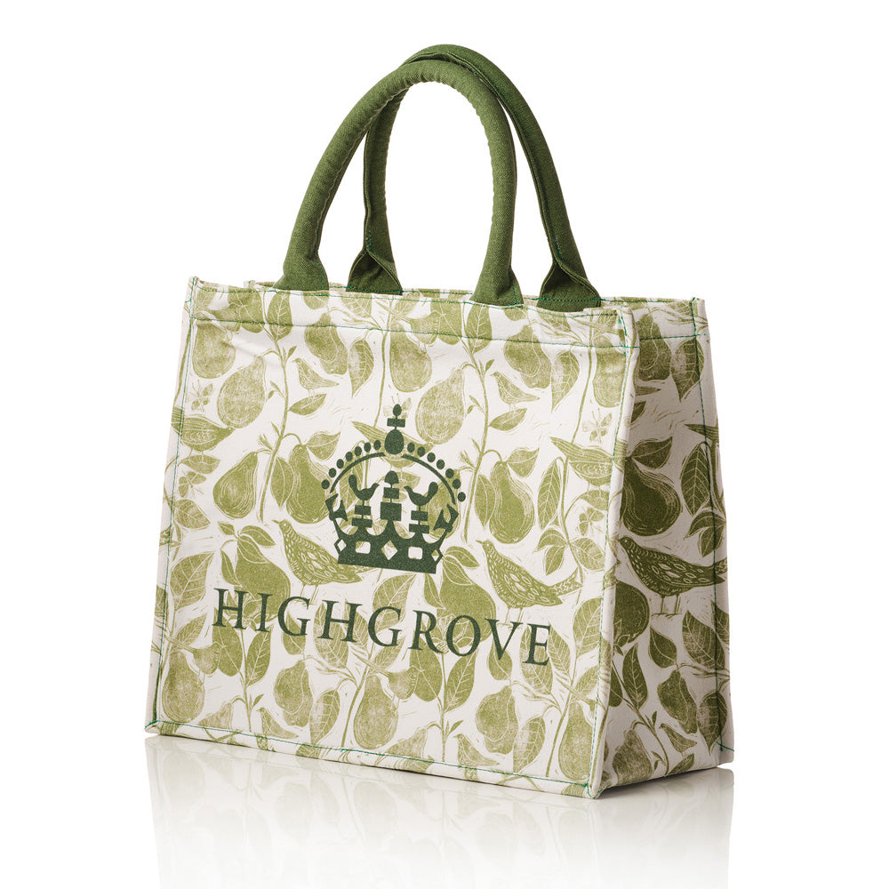 Highgrove Green Orchard Pattern Tote Bag on a while background