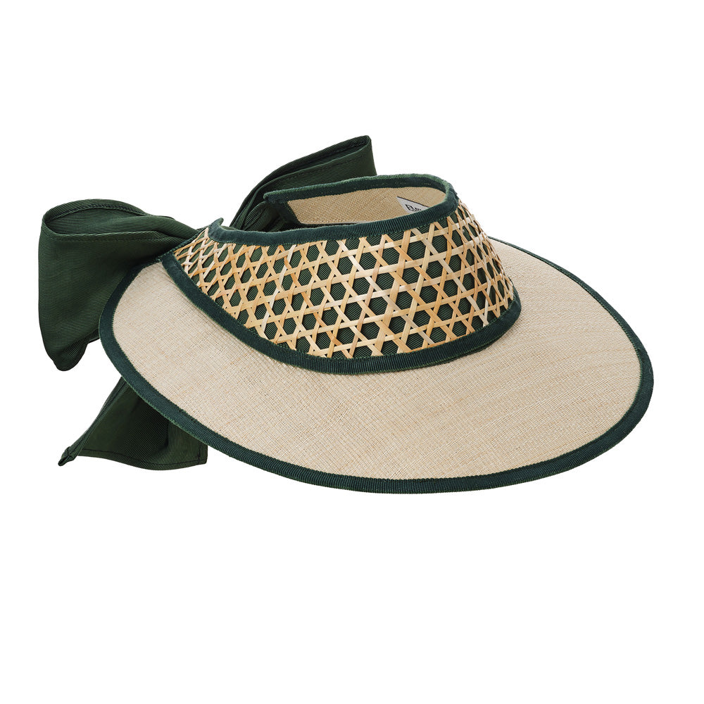 Beige visor with green ribbon and black trim on a white background