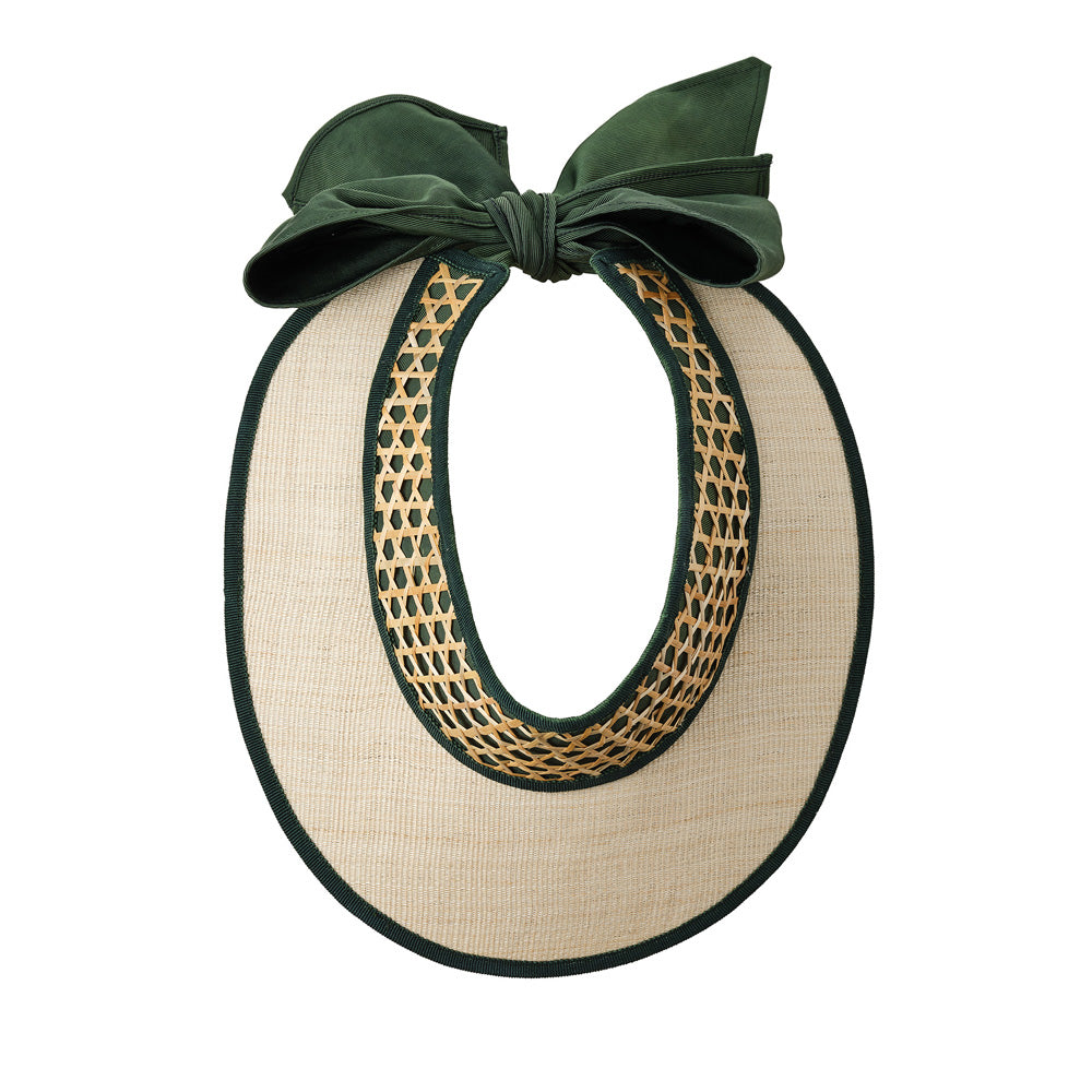 Beige sun visor with green ribbon and mesh detail on a white background
