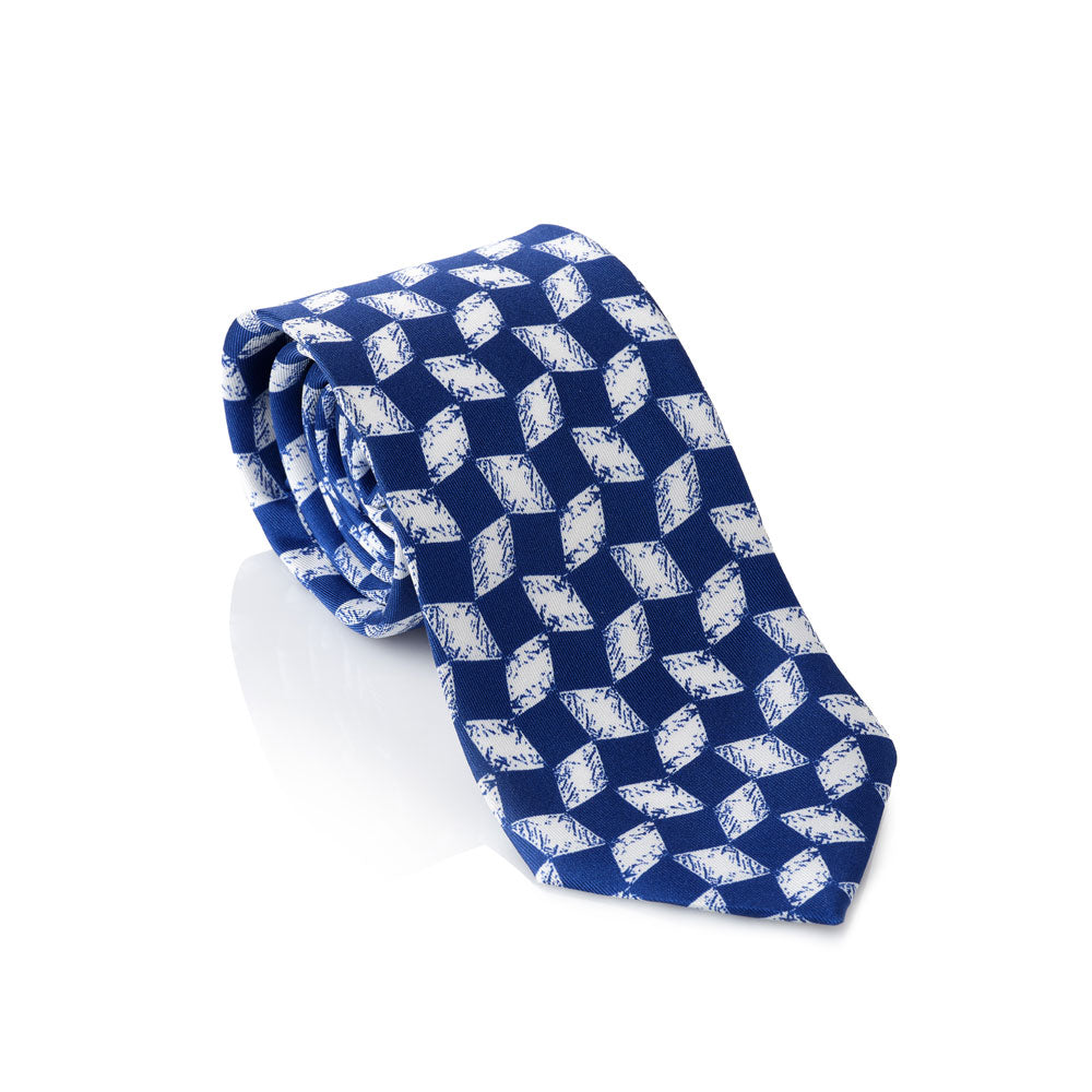 Blue tie with white geometric pattern on a white background