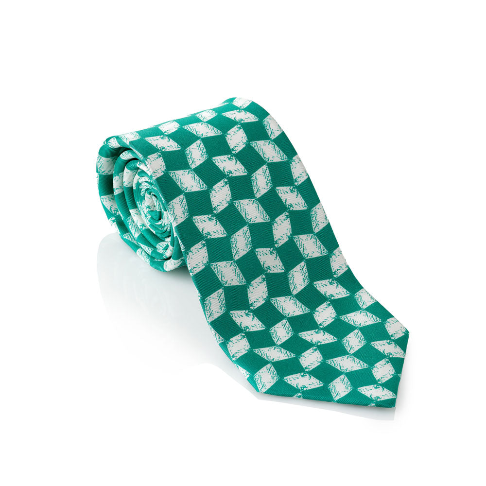 Green tie with white pattern on a white background