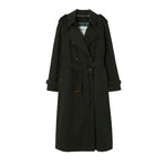 A long dark green trench coat with a green and blue plaid lining, displayed flat against a solid white background. A white Burberry brand tag is visible inside the collar.