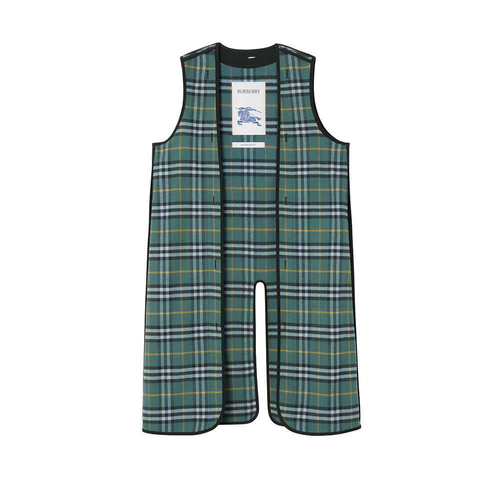 Green and blue plaid waistcoat lining, displayed flat against a solid white background. A white Burberry brand tag is visible inside.