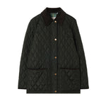 A dark green quilted jacket with a contrasting dark brown corduroy collar and gold buttons, displayed flat against a solid white background.
