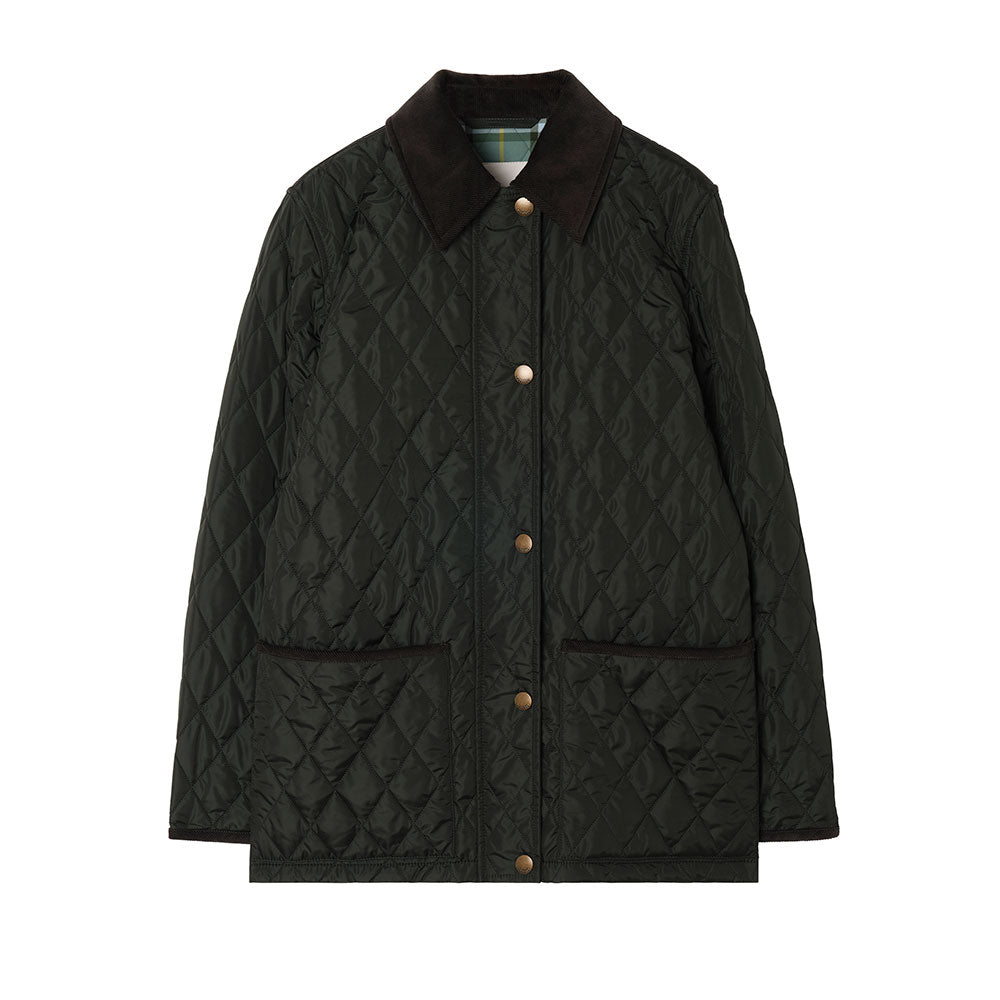 A dark green quilted jacket with a contrasting dark brown corduroy collar and gold buttons, displayed flat against a solid white background.