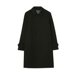 A long dark green coat displayed flat against a solid white background.