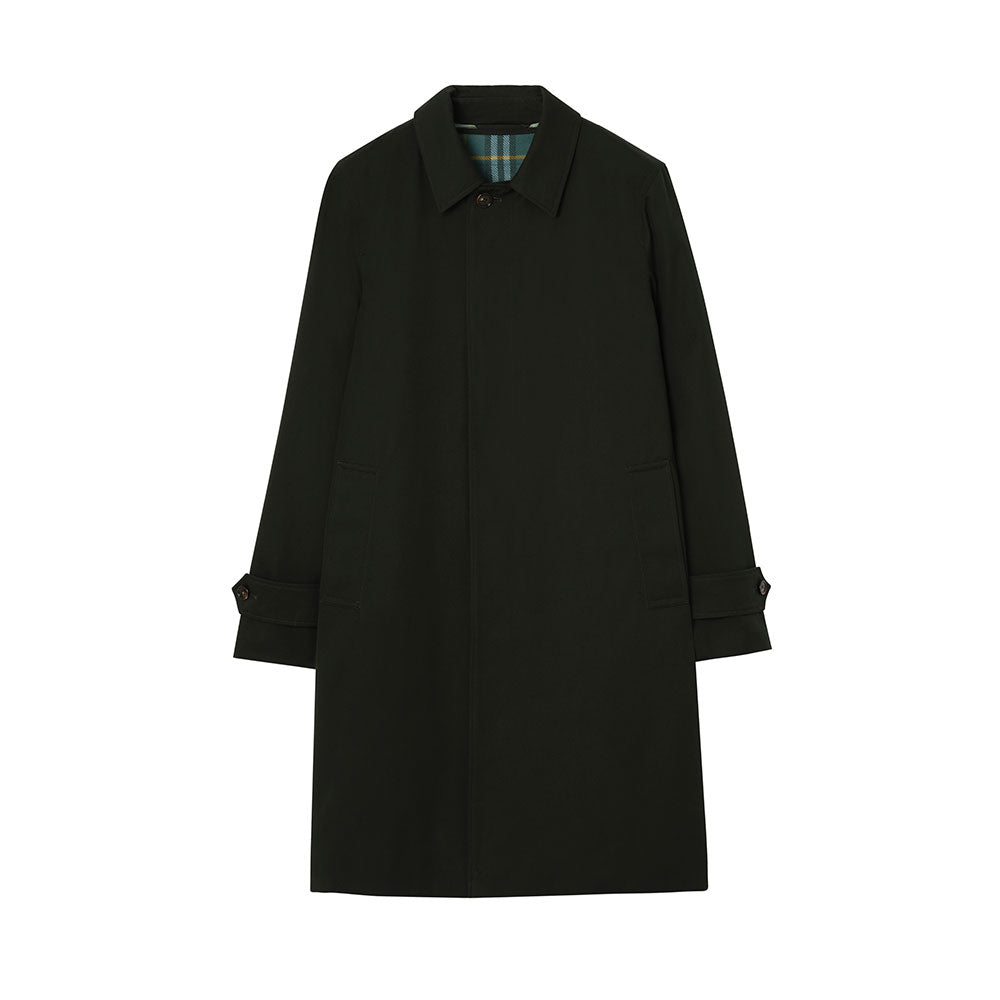 A long dark green coat displayed flat against a solid white background.