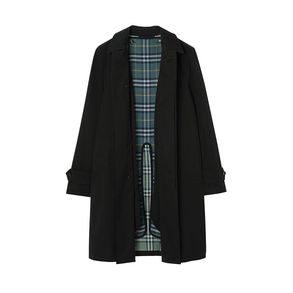 A dark green mid-length trench coat with a green, blue, and beige plaid lining, displayed on a clean white background.