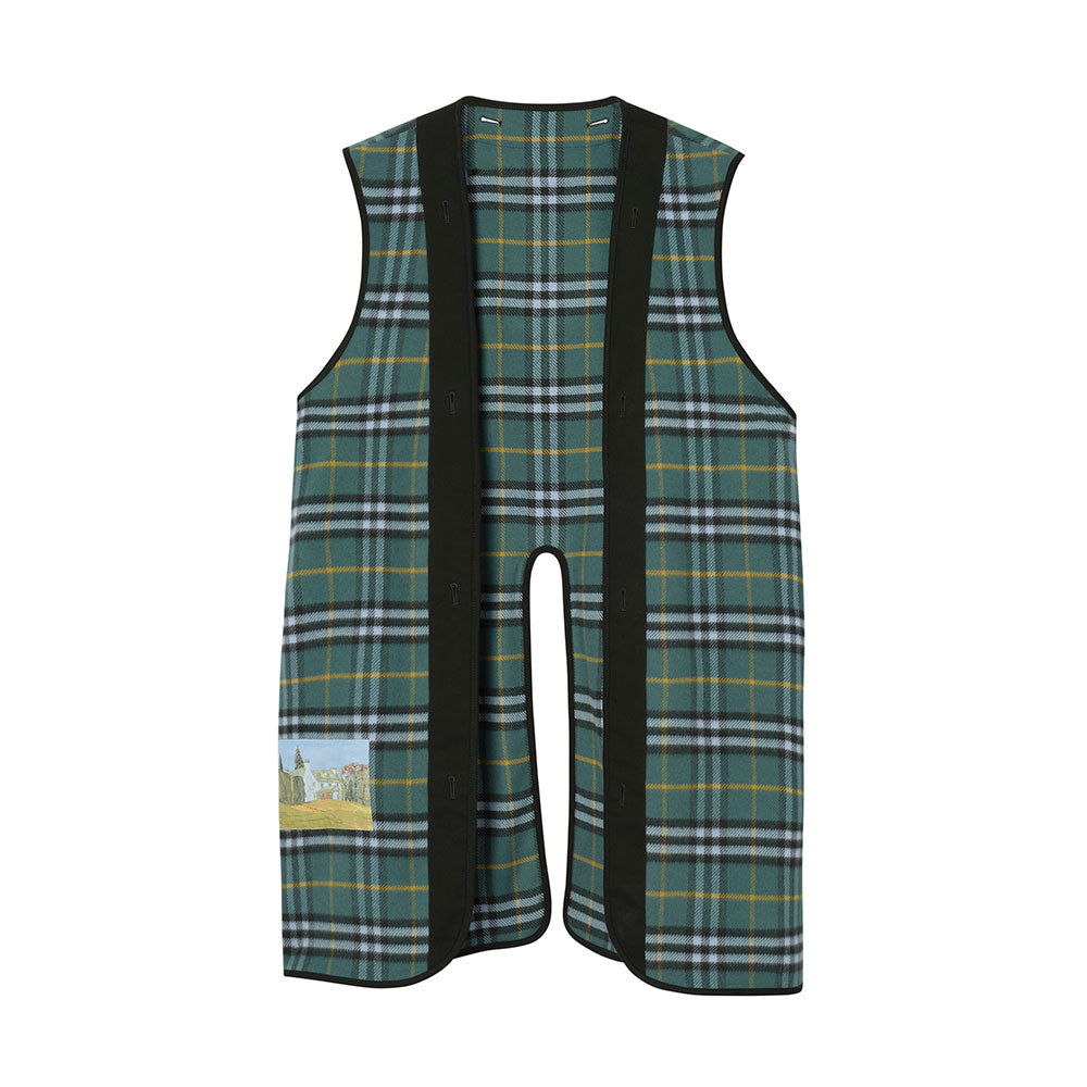 Green and blue plaid waistcoat lining, displayed flat against a solid white background. A white Burberry brand tag is visible inside.