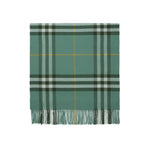 A green plaid scarf with fringe at the bottom, featuring intersecting stripes of dark green, light gray, and thin yellow lines, shown flat against a white background.