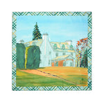 A light blue and green Burberry plaid silk scarf with a printed landscape of Birkhall, set against a white background.