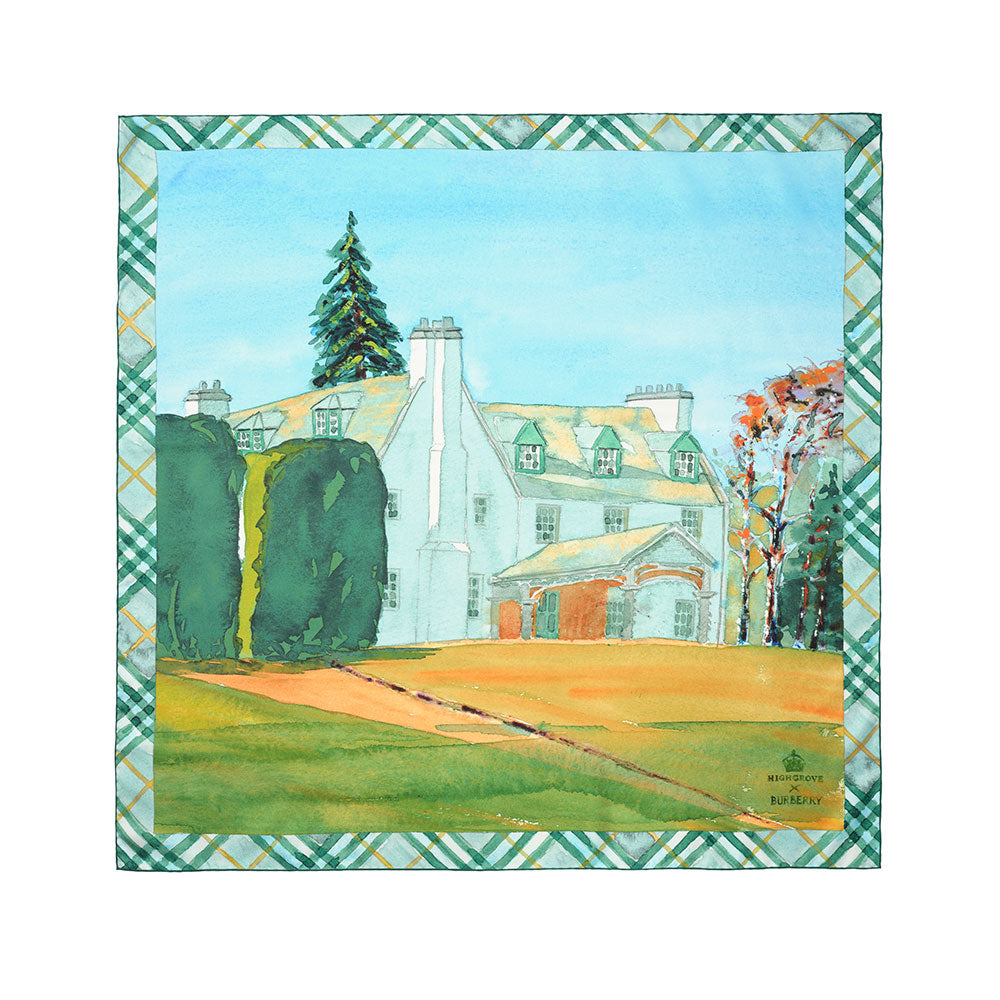 A light blue and green Burberry plaid silk scarf with a printed landscape of Birkhall, set against a white background.