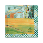 A corner of a Burberry plaid silk scarf featuring a part of an illustrated representation of Birkhall, set against a white background.