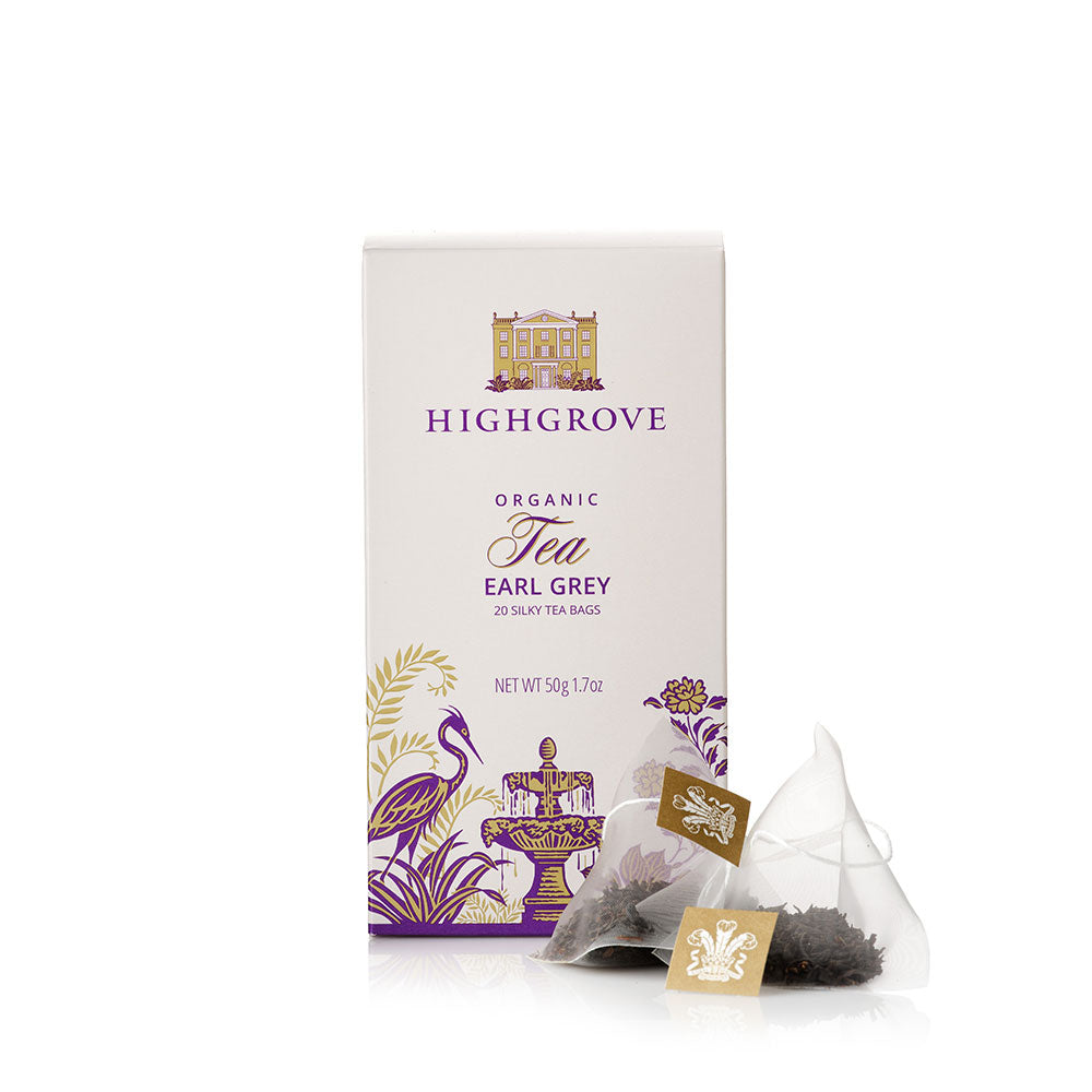 Highgrove Organic Tea Earl Grey packaging with tea bags on a white background