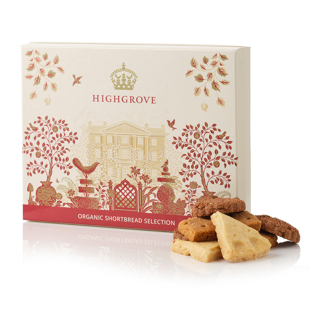 Highgrove organic shortbread selection box with cookies on a white background