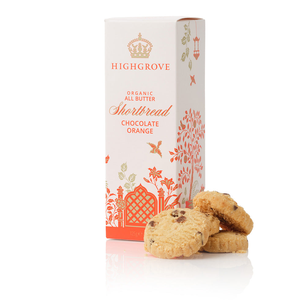 Highgrove organic all butter shortbread chocolate orange cookies with packaging on a white background